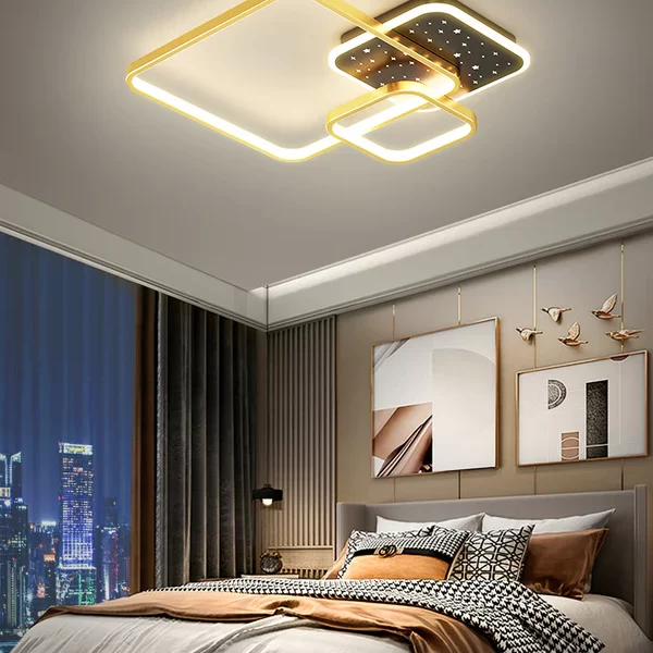 Луксозен LED csillár Черно/Златно, DM57, С Дистанционно Управление, 3 Вида Светлина, Регулируема Интензивност, 132W – Елегантно Осветление За Спалня
