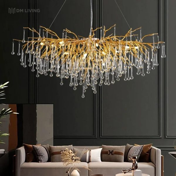 Артистичен полилей, 120x60см, с кристали и златна структура, DM Luxury Dining 1200×600 – Елегантен избор за хол, салон или трапезария