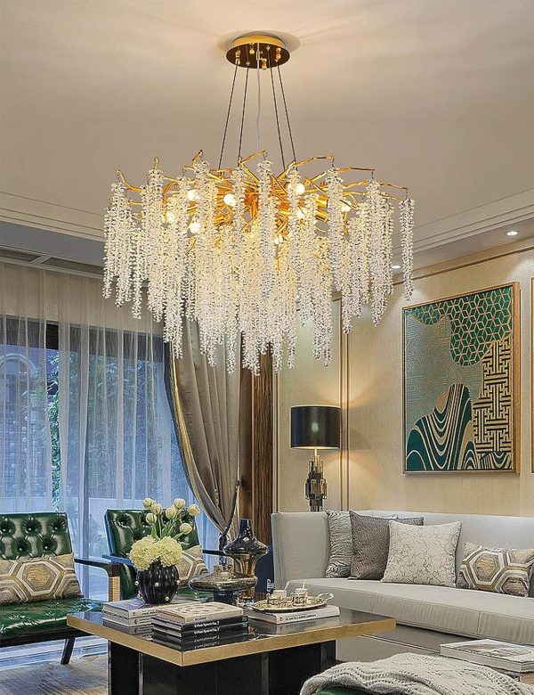LED полилей, 60см, със златни детайли и кристали, DM Luxury 600 – Луксозен аксесоар за хол, спалня или офис