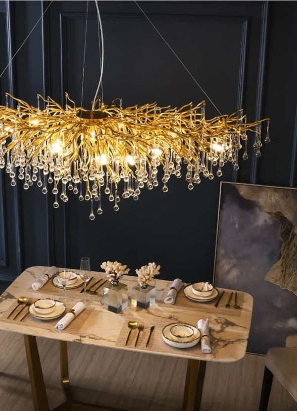 Артистичен полилей, 160x60см, кристали и златна структура, DM Luxury Dining 1600 – Елегантност и изтънченост за луксозни интериори
