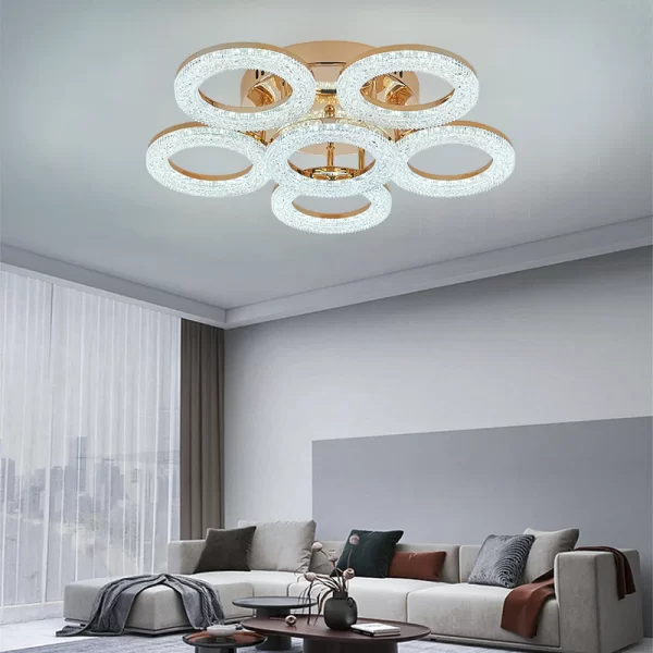 Елегантен LED csillár DM Living, Модел DM300/5+1, Златист – Пръстеновиден дизайн с многоспектрално осветление и дистанционно управление за персонализирано осветление