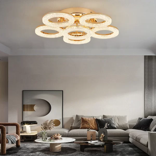 Елегантен LED csillár DM Living, Модел DM300/5+1, Златист – Пръстеновиден дизайн с многоспектрално осветление и дистанционно управление за персонализирано осветление