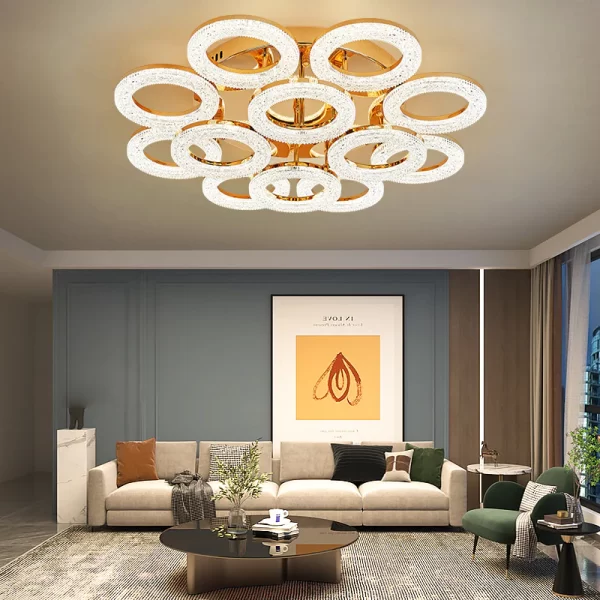 Луксозен LED csillár DM Living, Модел DM300/8+4, Златен – Геометричен дизайн с три-спектър светлина и дистанционно управление за персонализирано осветление