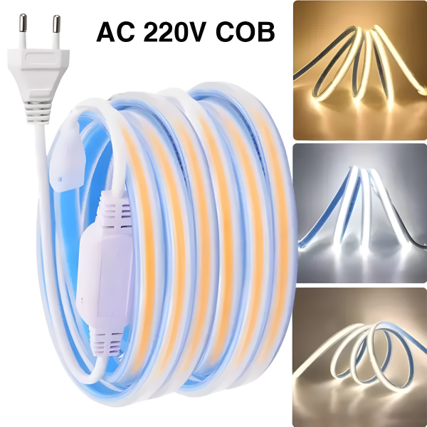 Премиум LED COB лента, гъвкава, IP65, 280 LED/м, неутрална светлина, 4000K – ролка 100м, 8W/м, 220V, с включен захранващ блок за ексклузивен декор