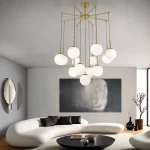 DM Living висящ csillár, модел DM-F006/9, с 9 абажура, 9 x E27, регулируема височина, златисто/бяло