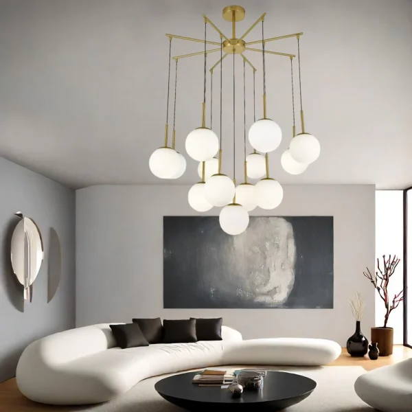 DM Living висящ csillár, модел DM-F006/9, с 9 абажура, 9 x E27, регулируема височина, златисто/бяло